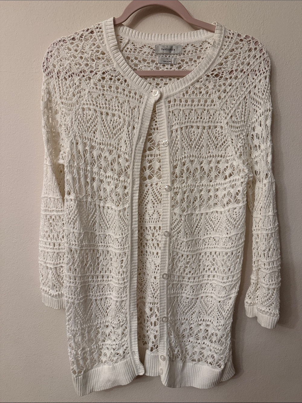 Van Heusen Cream Openwork Crochet Button-Front Cardigan 99